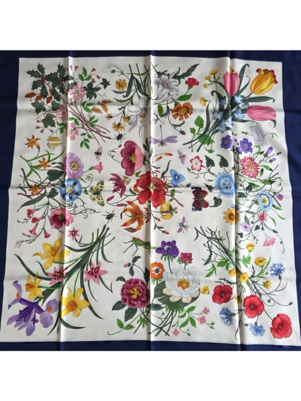 Vtg Gucci V. Accornero Silk Butterfly Floral Print Hand Rolled Scarf 34